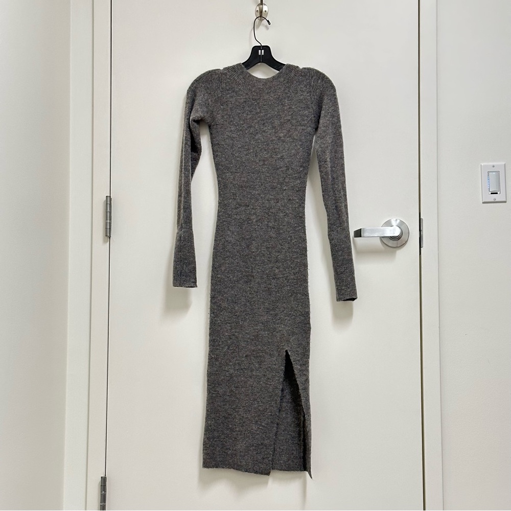 AllSaints wool blend long sleeve V back front slit bodycon sweater dress